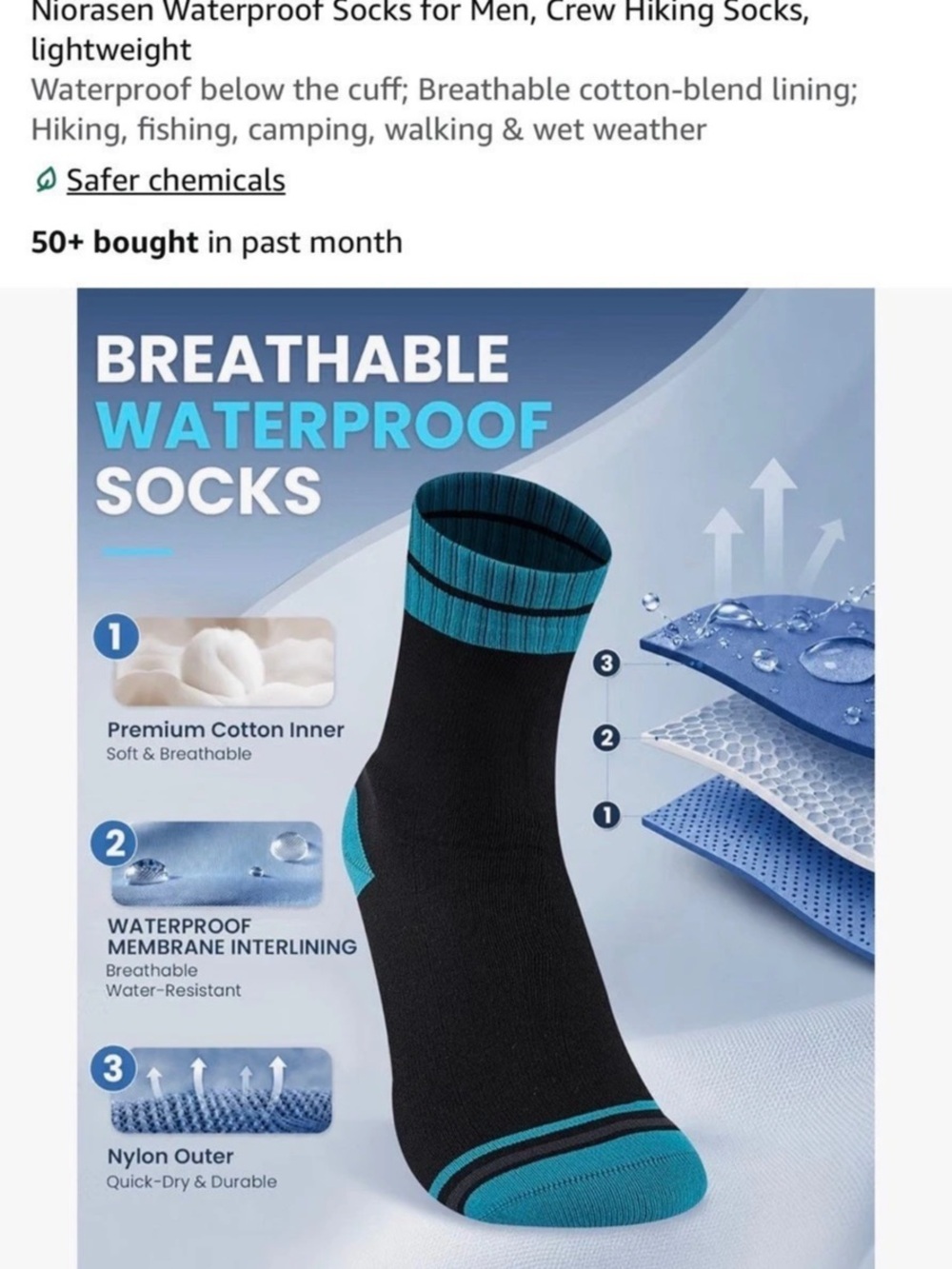 Niorsen Waterproof Crew Hiking Socks Black & Blue